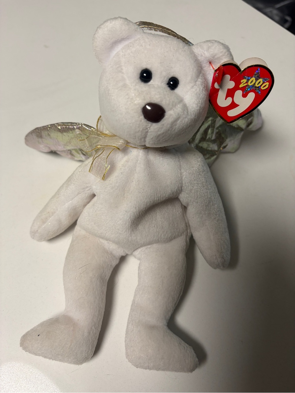 Ty Beanie Baby White Angel Bear Plush with Gold Wings